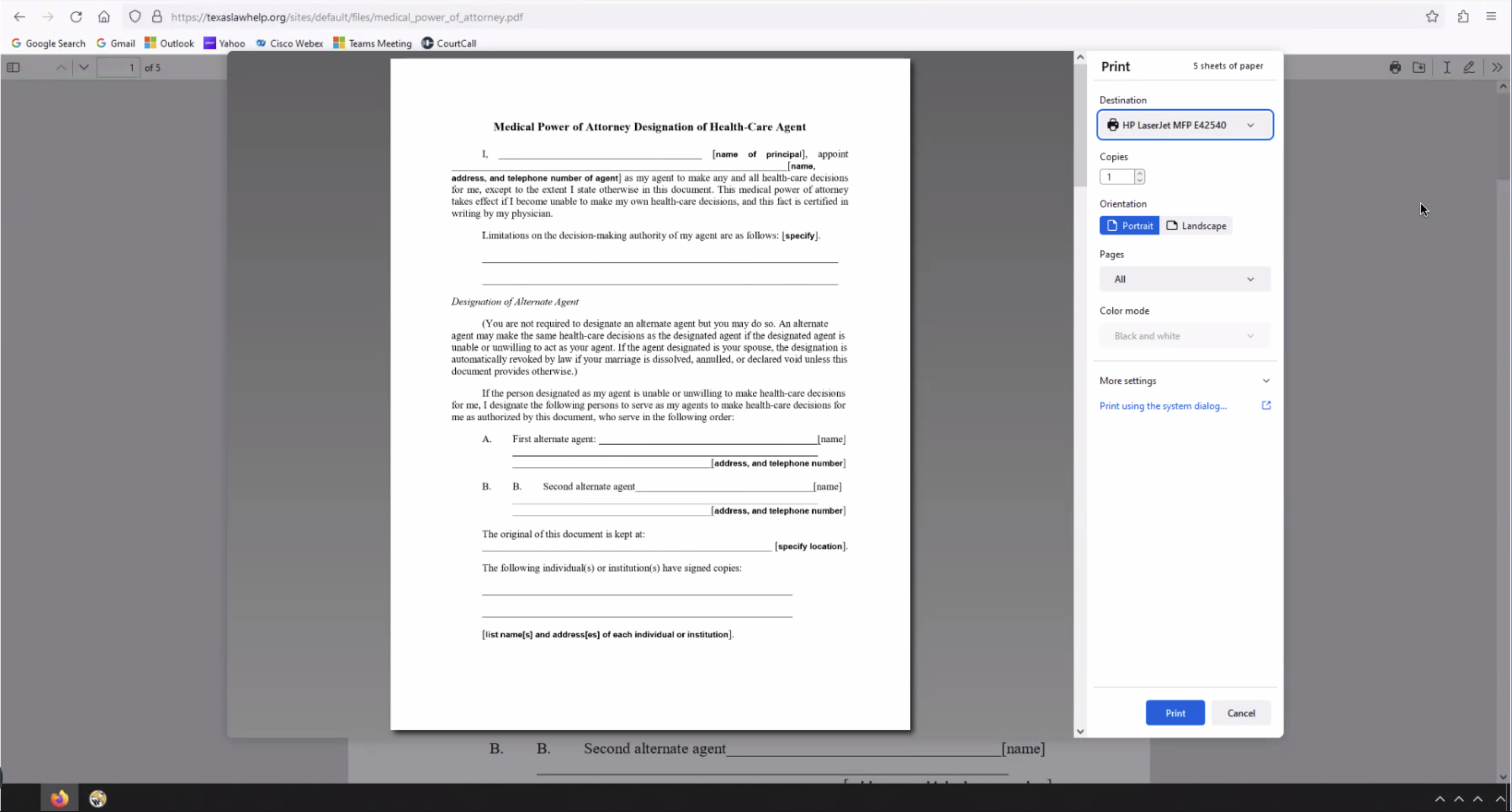 Screenshot showing how to configure printer settings when printing a PDF document