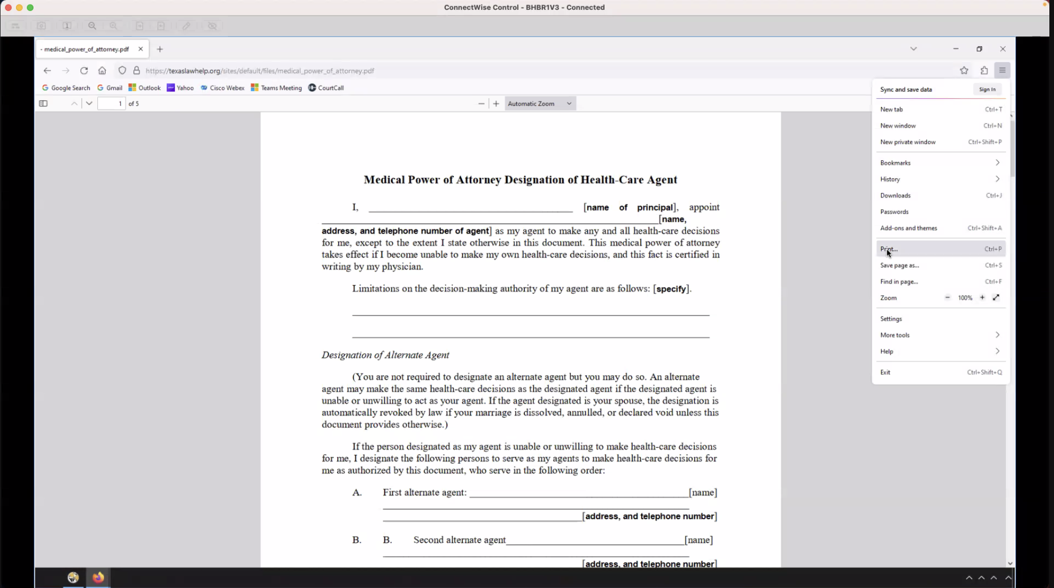 Screenshot depicting how to print a PDF file