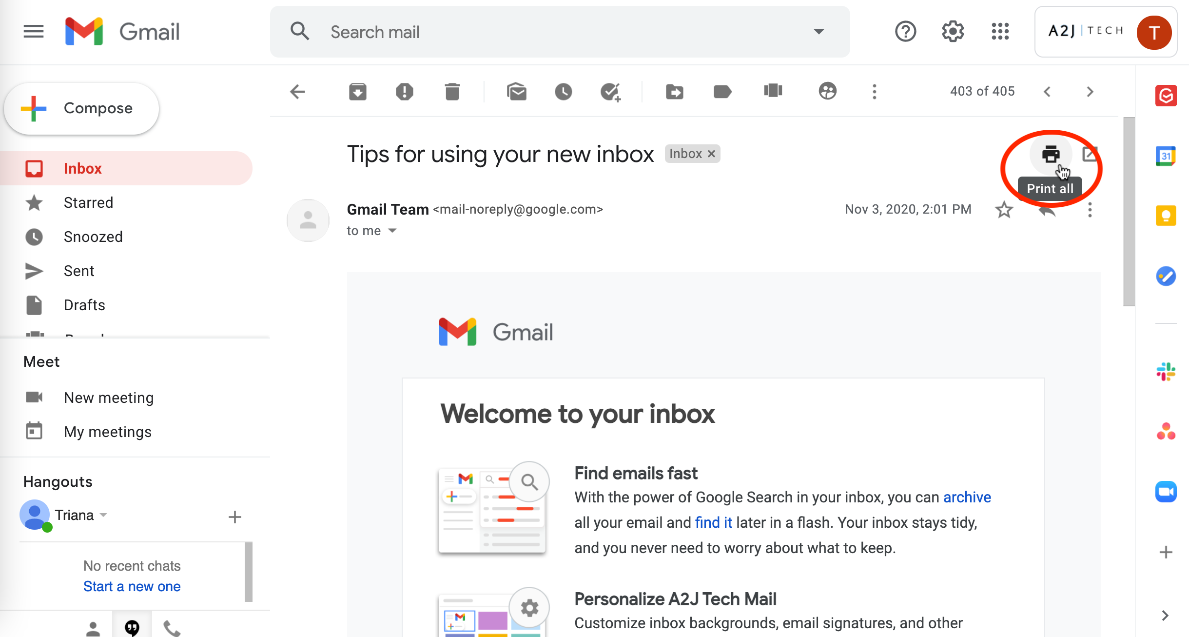Printing settings from an email