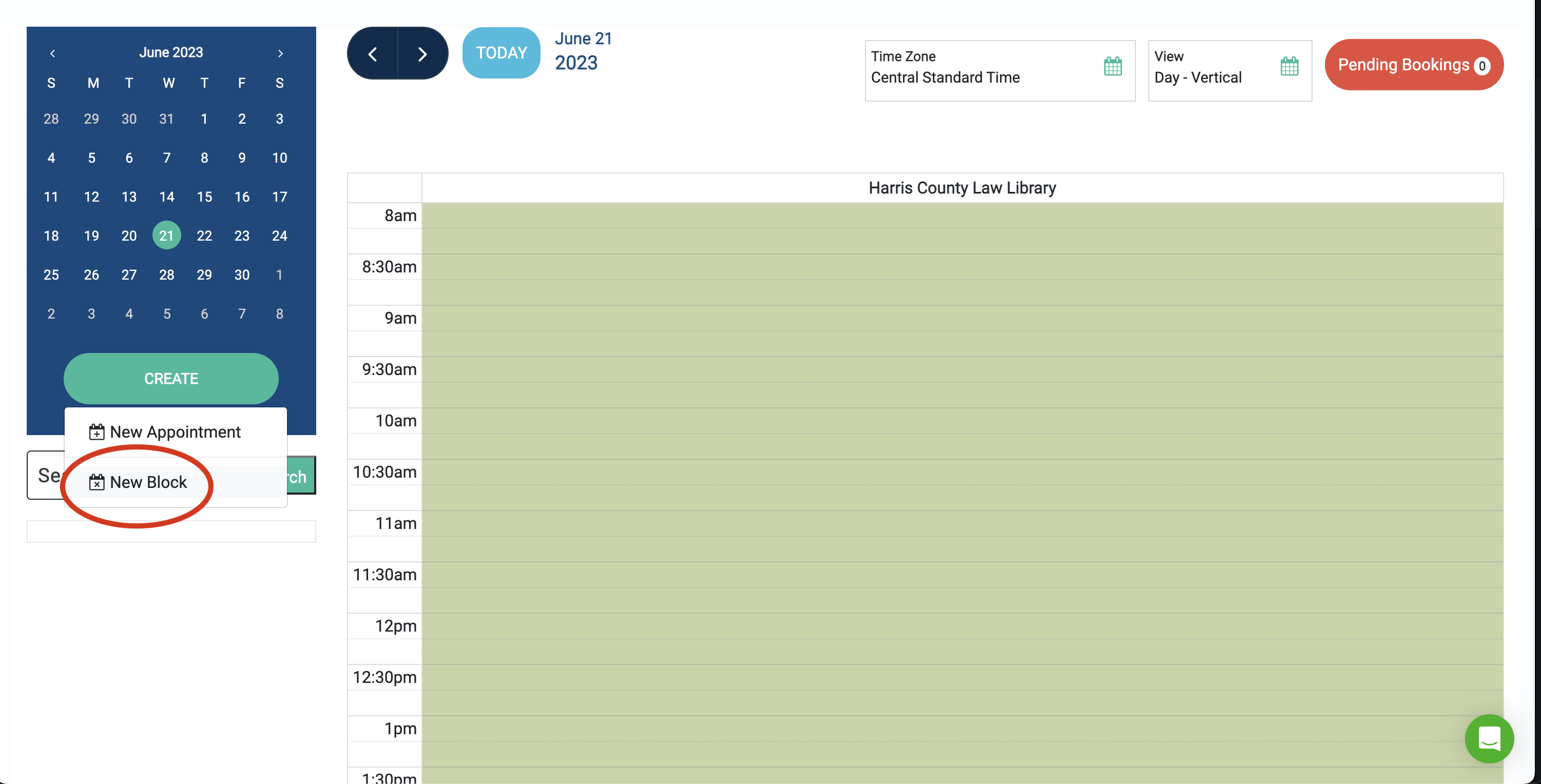 Screenshot of Flexbooker calendar page with a new block created